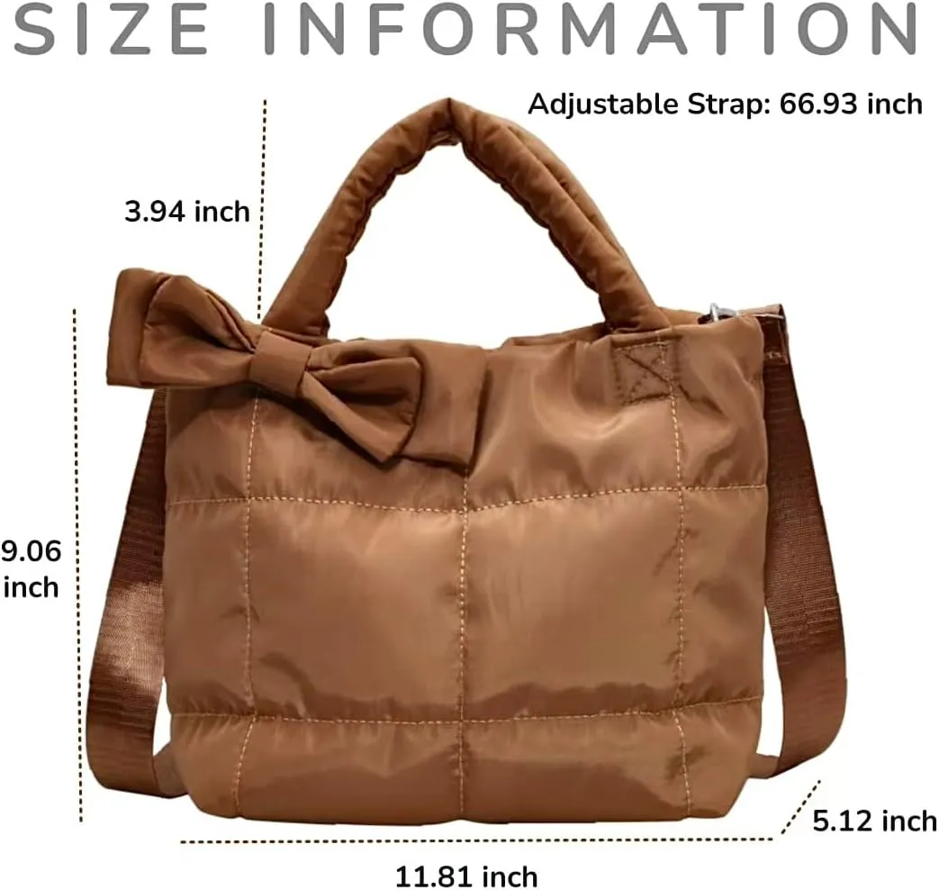 Quilted Puffer Tote with Bow Accent & Adjustable Strap Medium PaddCrossbody Bag Soft Puffy Hobo Handbags Puff Purse for Women