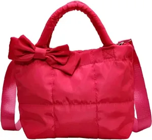 Quilted Puffer Tote with Bow Accent & Adjustable Strap Medium PaddCrossbody Bag Soft Puffy Hobo Handbags Puff Purse for Women