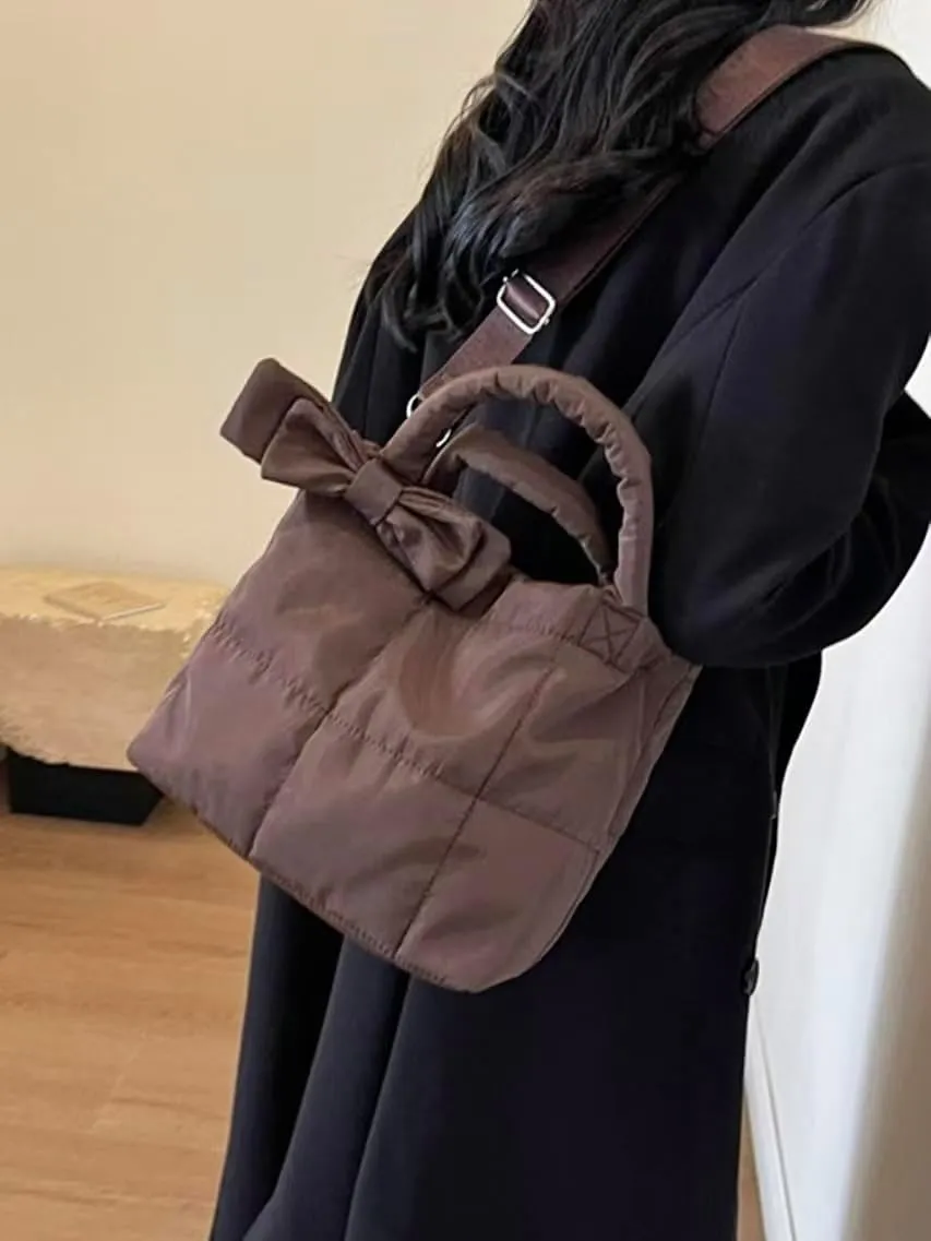 Quilted Puffer Tote with Bow Accent & Adjustable Strap Medium PaddCrossbody Bag Soft Puffy Hobo Handbags Puff Purse for Women