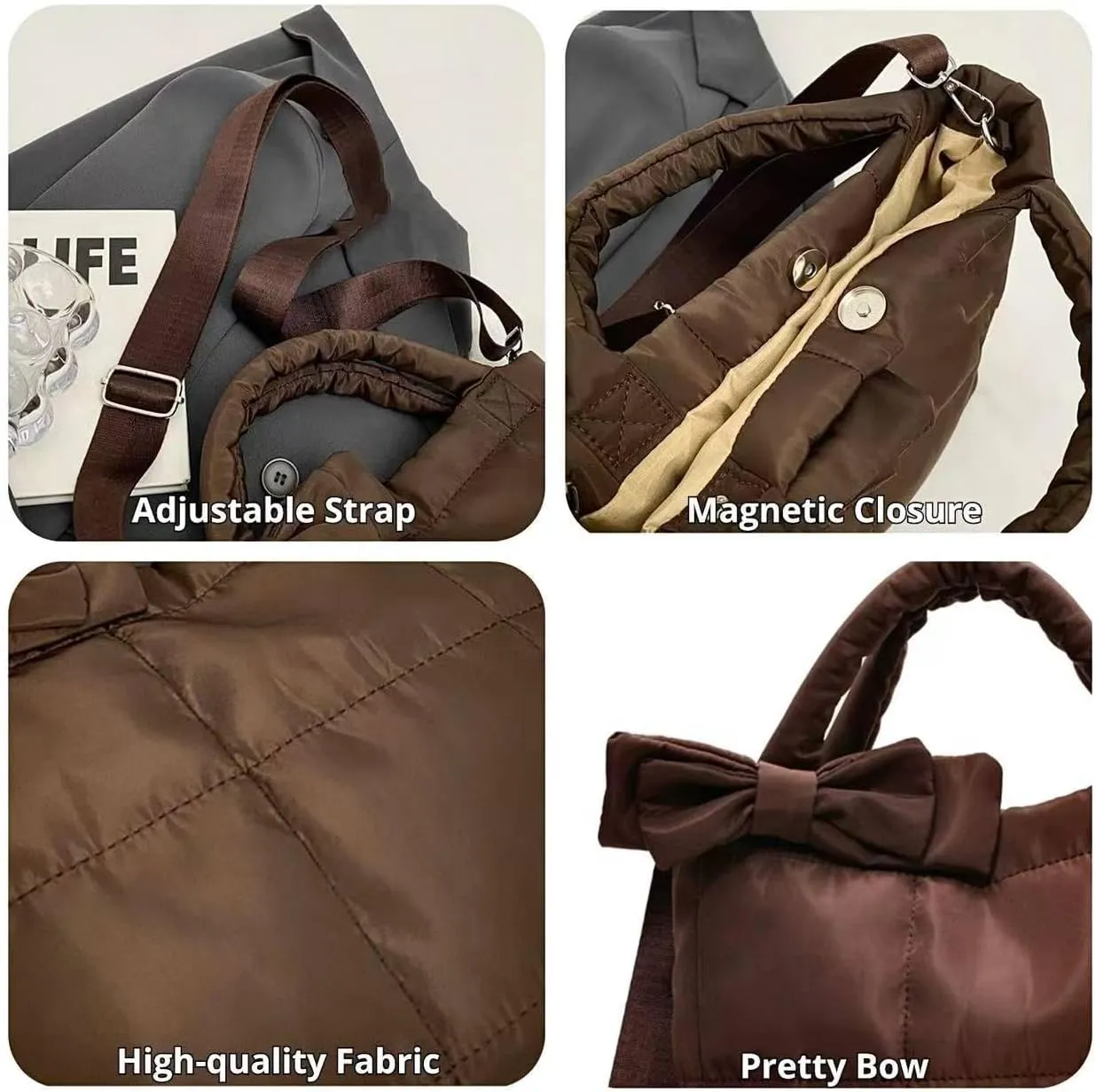 Quilted Puffer Tote with Bow Accent & Adjustable Strap Medium PaddCrossbody Bag Soft Puffy Hobo Handbags Puff Purse for Women