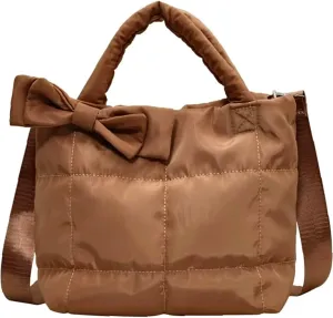 Quilted Puffer Tote with Bow Accent & Adjustable Strap Medium PaddCrossbody Bag Soft Puffy Hobo Handbags Puff Purse for Women