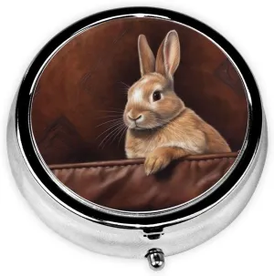 Rabbit on Leather Pill Box Round Pill Case for Pocket Purse 3 Compartment Medicine Pill Organizer Cute Portable Travel Pillbox Vitamin Cod Liver Oil Storage Box Unique Gift Organizer