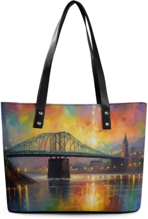Rainbow City Bridge Vintage Street Lamps Women Soft Leather Handbags Tote Purses Shoulder Bucket Bags