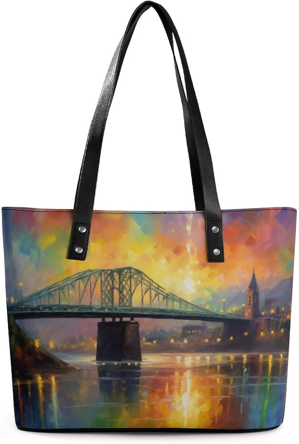 Rainbow City Bridge Vintage Street Lamps Women Soft Leather Handbags Tote Purses Shoulder Bucket Bags