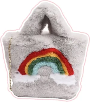 Rainbow Plush Bag for Girls Furry Purse Handbags for Women Y2K Fluffy Fuzzy Shoulder Bag Tote Bag for Autumn Winter
