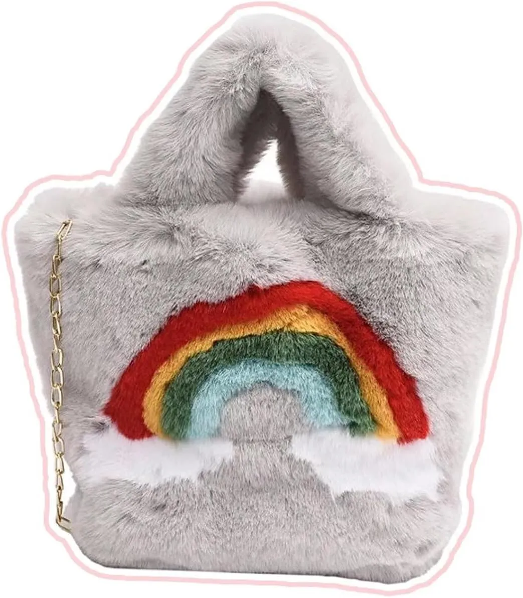 Rainbow Plush Bag for Girls Furry Purse Handbags for Women Y2K Fluffy Fuzzy Shoulder Bag Tote Bag for Autumn Winter