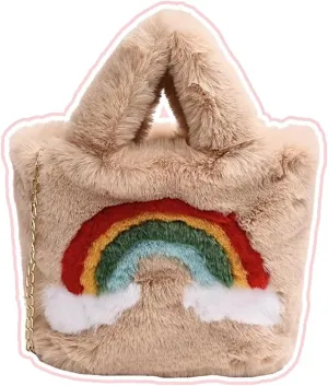 Rainbow Plush Bag for Girls Furry Purse Handbags for Women Y2K Fluffy Fuzzy Shoulder Bag Tote Bag for Autumn Winter