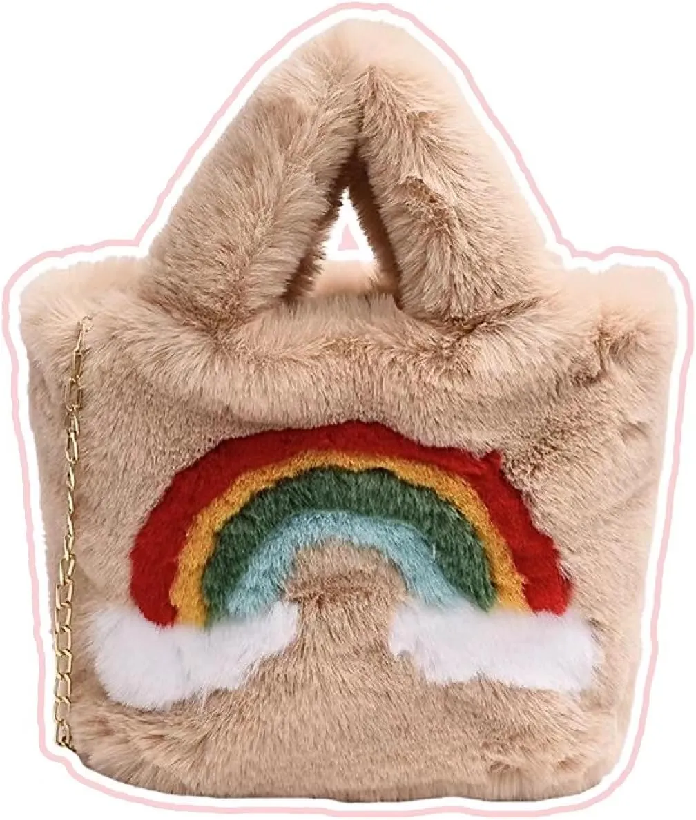 Rainbow Plush Bag for Girls Furry Purse Handbags for Women Y2K Fluffy Fuzzy Shoulder Bag Tote Bag for Autumn Winter