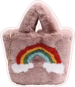Rainbow Plush Bag for Girls Furry Purse Handbags for Women Y2K Fluffy Fuzzy Shoulder Bag Tote Bag for Autumn Winter