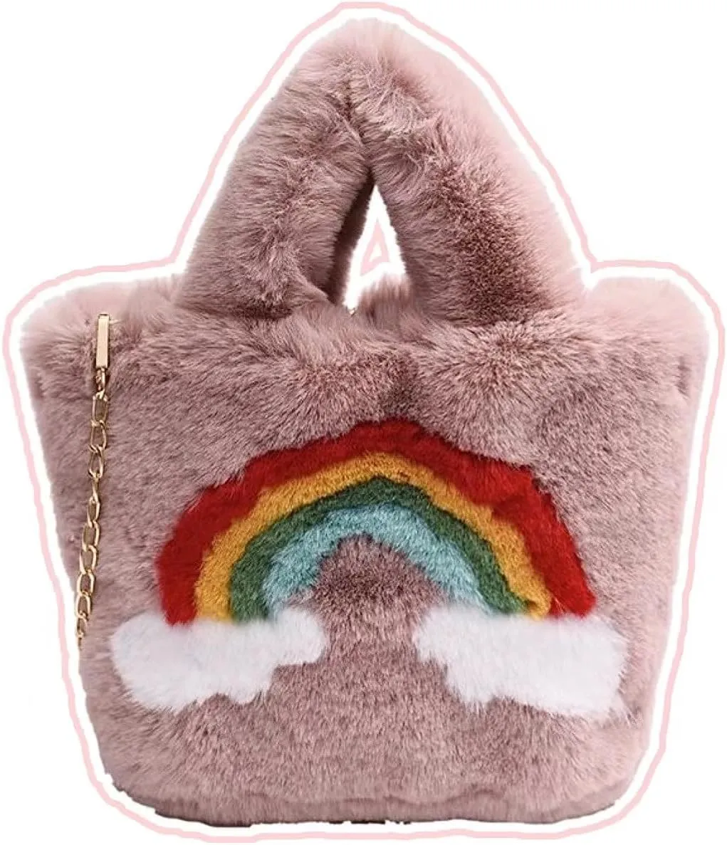 Rainbow Plush Bag for Girls Furry Purse Handbags for Women Y2K Fluffy Fuzzy Shoulder Bag Tote Bag for Autumn Winter
