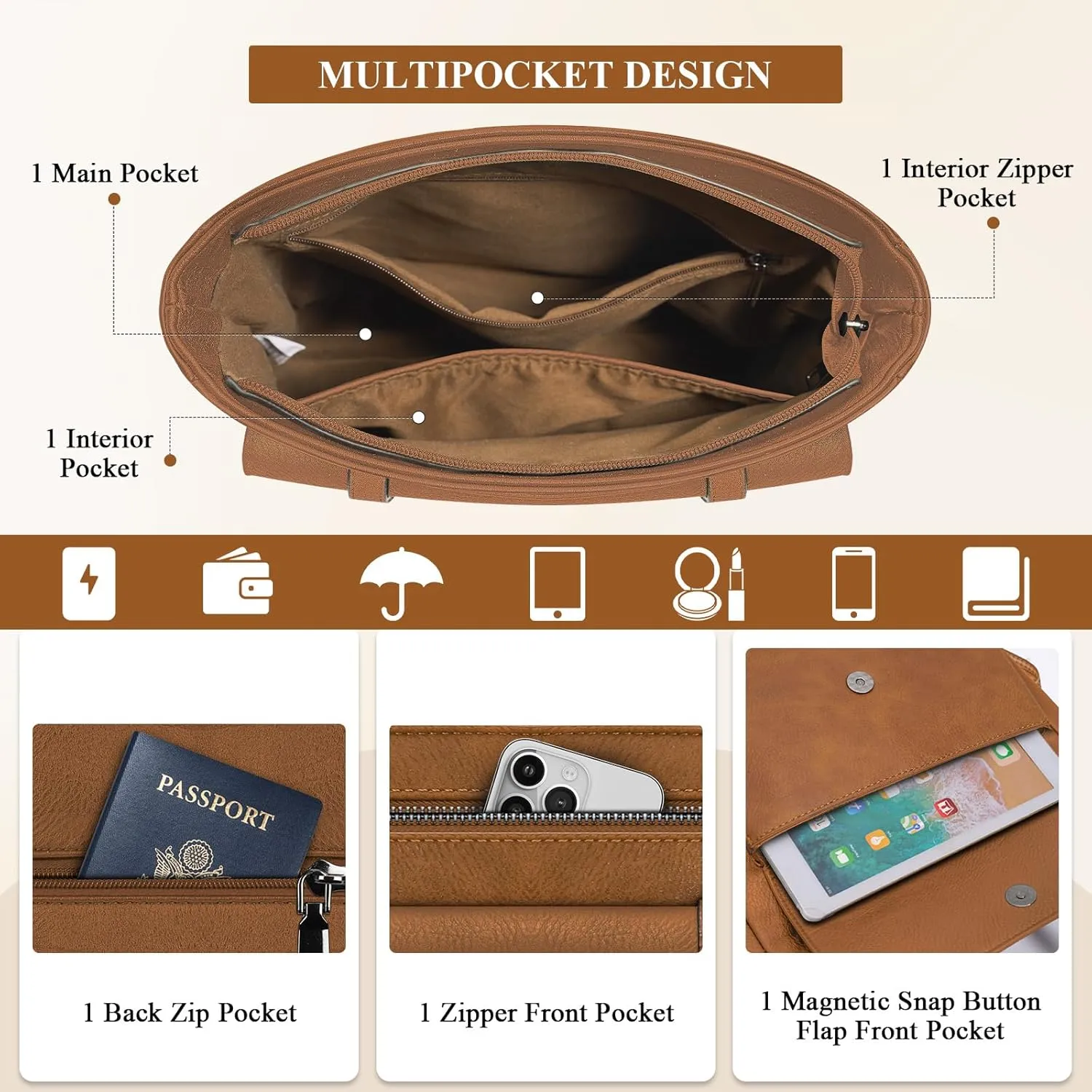RAINSMORE Crossbody Bag for Women, Waterproof Leather Crossbody Purses Lightweight Handbags Shoulder Bag Travel Purse