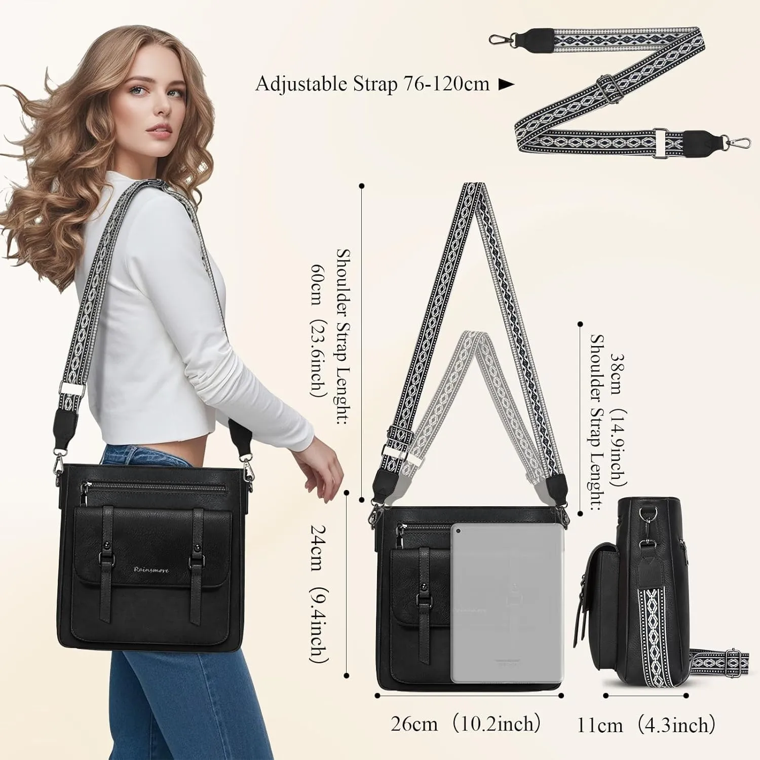 RAINSMORE Crossbody Bag for Women, Waterproof Leather Crossbody Purses Lightweight Handbags Shoulder Bag Travel Purse