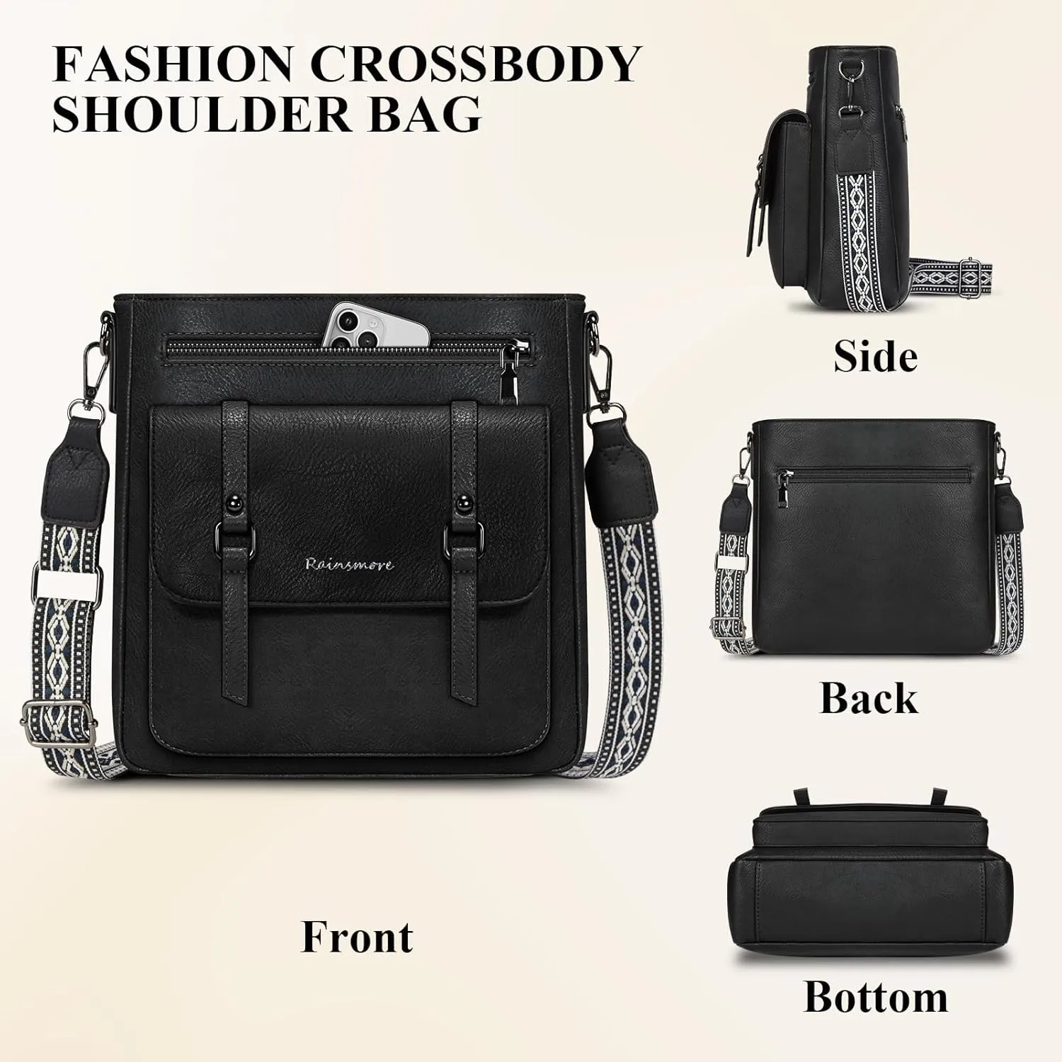 RAINSMORE Crossbody Bag for Women, Waterproof Leather Crossbody Purses Lightweight Handbags Shoulder Bag Travel Purse
