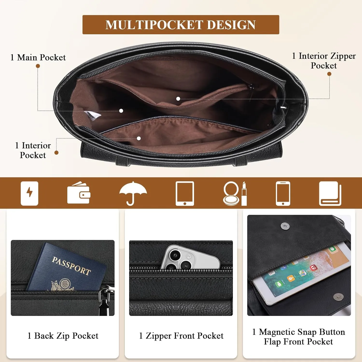 RAINSMORE Crossbody Bag for Women, Waterproof Leather Crossbody Purses Lightweight Handbags Shoulder Bag Travel Purse