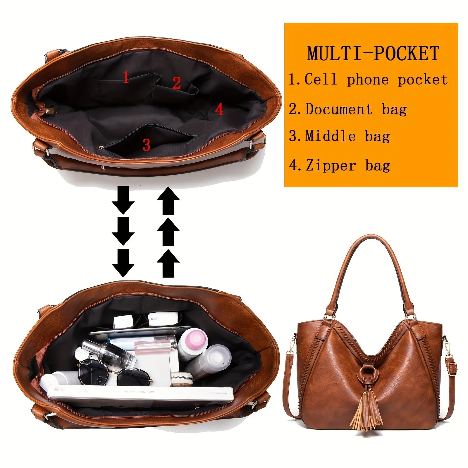 realaiot  Women PU Leather Handbags Tote Bag Soft Retro Designer Large Capacity Multi-pocket Casual Ladies Shoulder Crossbody Bag Mother's Day Gift Adjustable Shoulder Strap Purse Cheap On