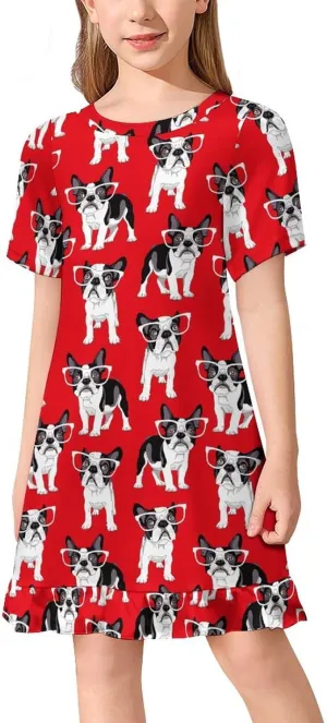 Red French Bulldog Girls' Short Sleeve Summer Dress Kids Crewneck Loose Casual Dresses 140CM
