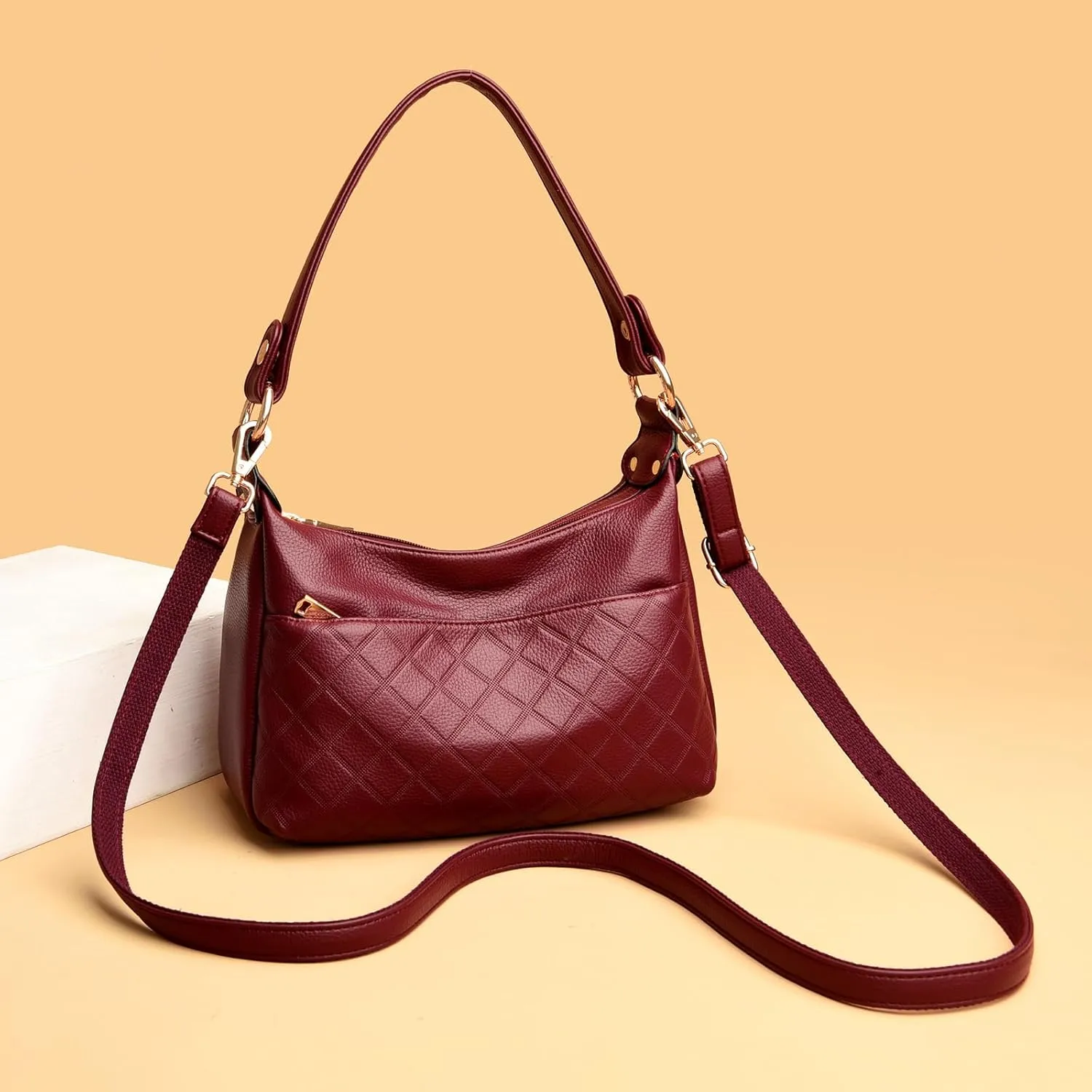 Retro Crossbody Bag For Women Shoulder Bag Soft PU Leather Handbags Purses Multi Pocket Hobo Tote Bag