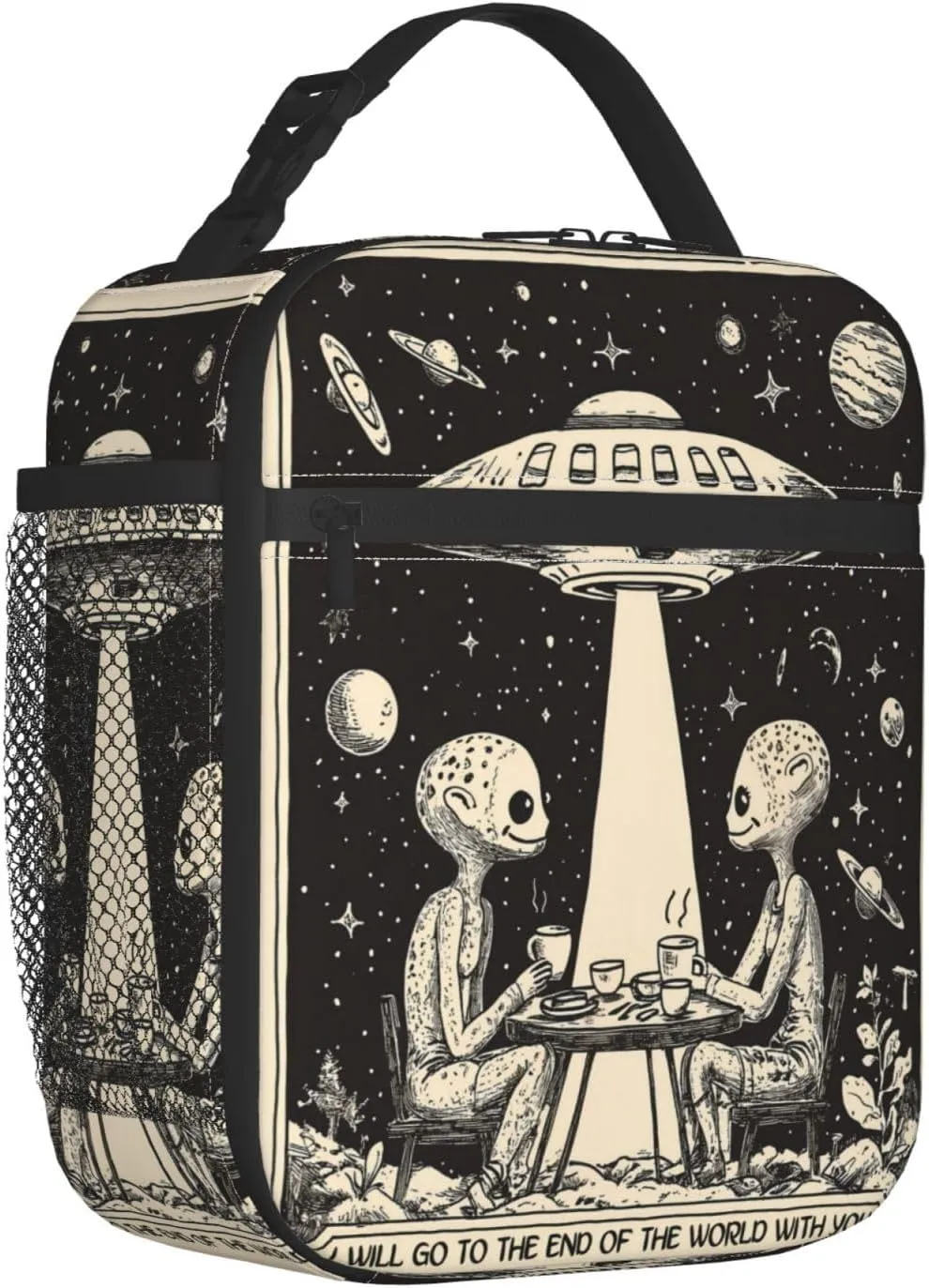 Reusable Alien Romance Lunch Box for Kids Girls Women Adult, Insulated Ufo Cosmic Cafe Retro Lunch Bag,Polyester Cooler Handbags Case for School Picnic Work Travel Beach or Hiking