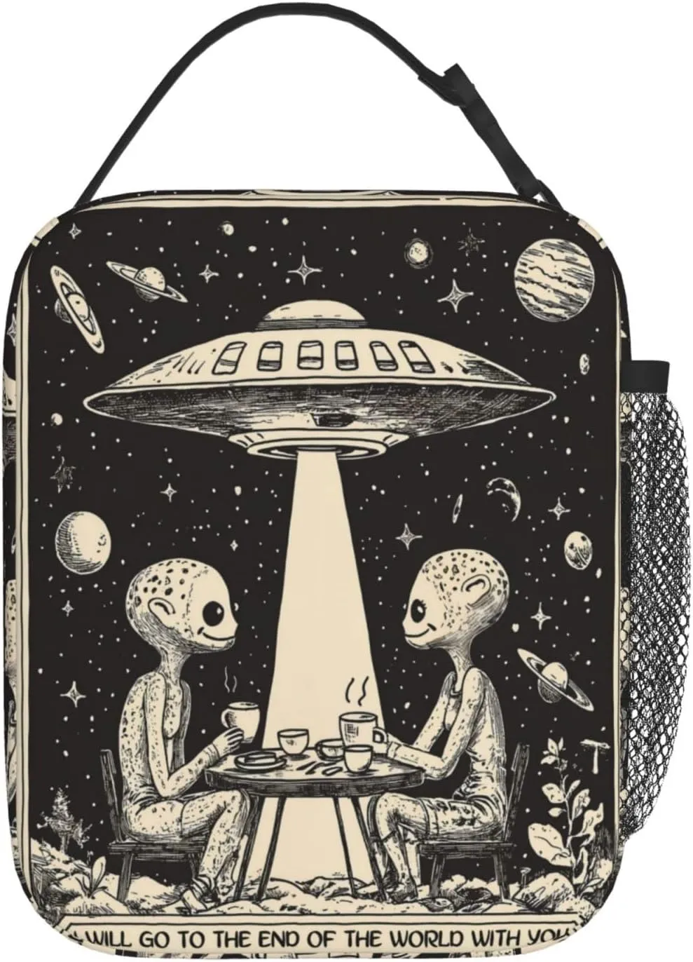 Reusable Alien Romance Lunch Box for Kids Girls Women Adult, Insulated Ufo Cosmic Cafe Retro Lunch Bag,Polyester Cooler Handbags Case for School Picnic Work Travel Beach or Hiking