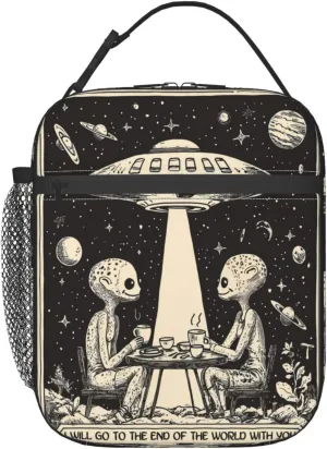 Reusable Alien Romance Lunch Box for Kids Girls Women Adult, Insulated Ufo Cosmic Cafe Retro Lunch Bag,Polyester Cooler Handbags Case for School Picnic Work Travel Beach or Hiking