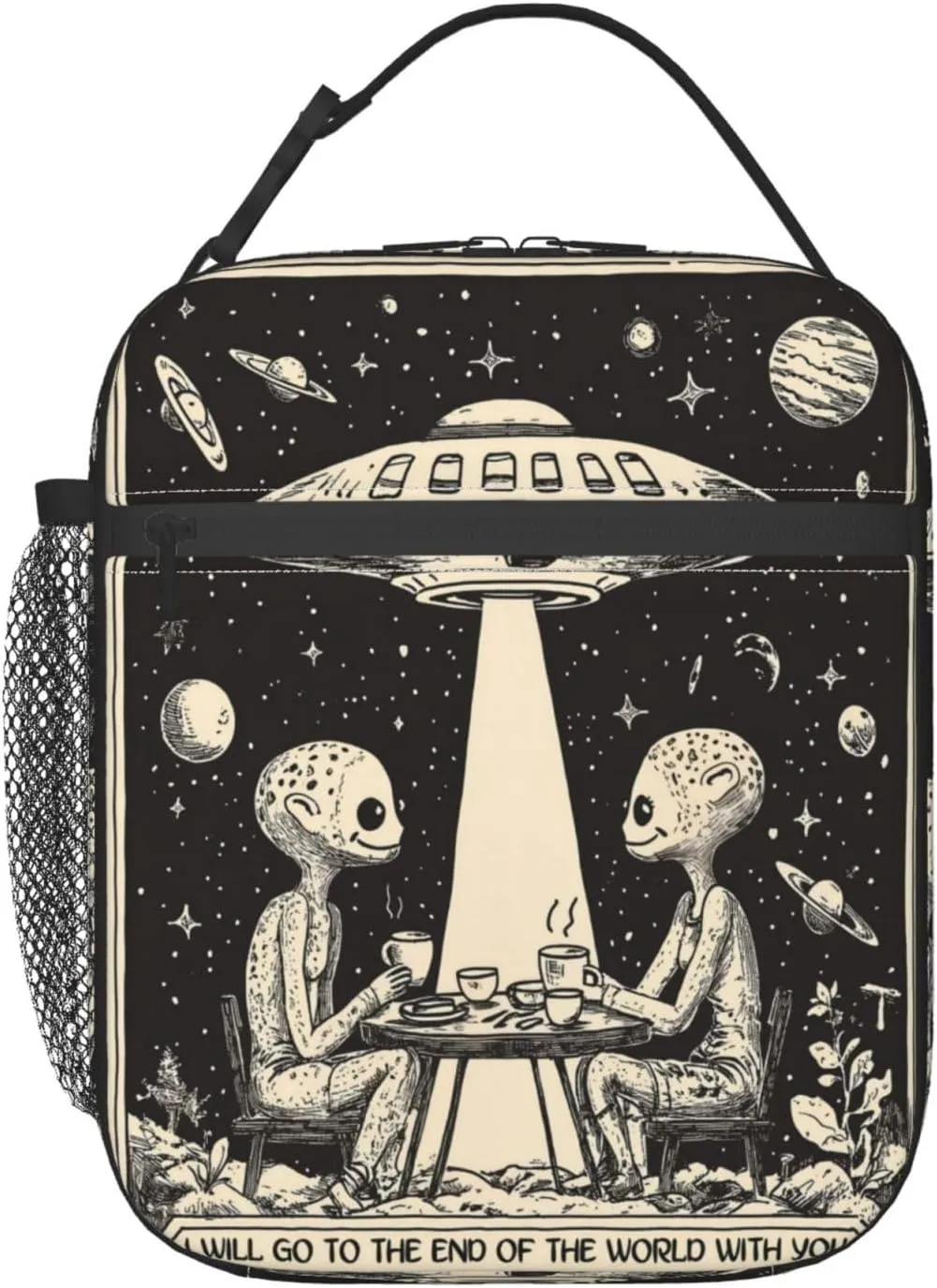 Reusable Alien Romance Lunch Box for Kids Girls Women Adult, Insulated Ufo Cosmic Cafe Retro Lunch Bag,Polyester Cooler Handbags Case for School Picnic Work Travel Beach or Hiking