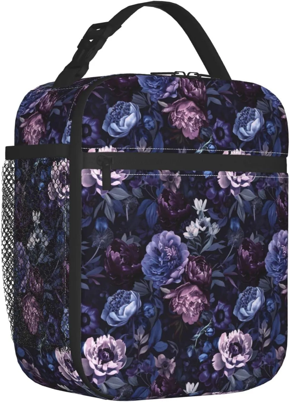 Reusable Floral Lunch Box for Kids Girls Boys Women Adult, Insulated Cute Flower Lunch Bag,Polyester Cooler Handbags Case for School Picnic Work Travel Beach or Hiking (Purple and Blue)