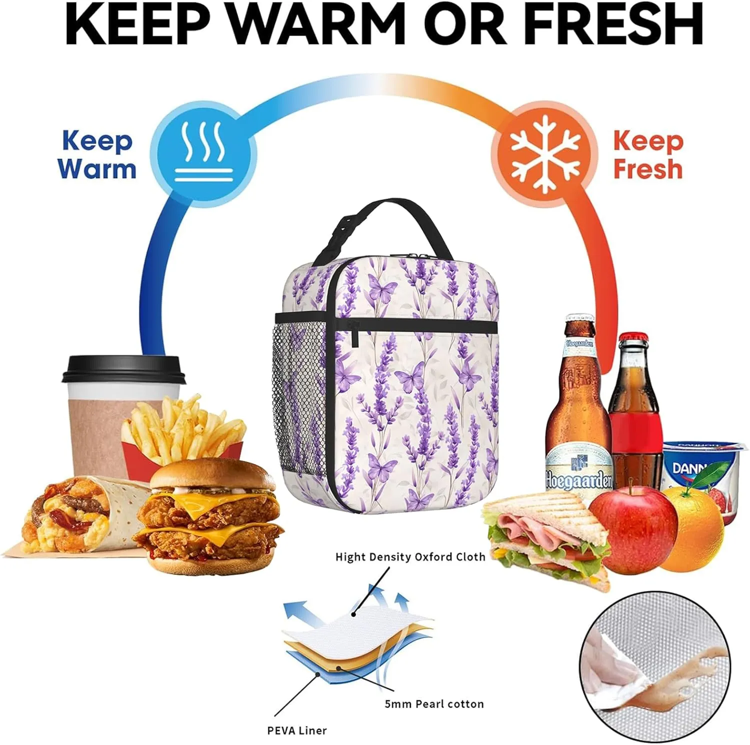 Reusable Floral Lunch Box for Kids Girls Boys Women Adult, Insulated Cute Flower Lunch Bag,Polyester Cooler Handbags Case for School Picnic Work Travel Beach or Hiking (Purple and Blue)