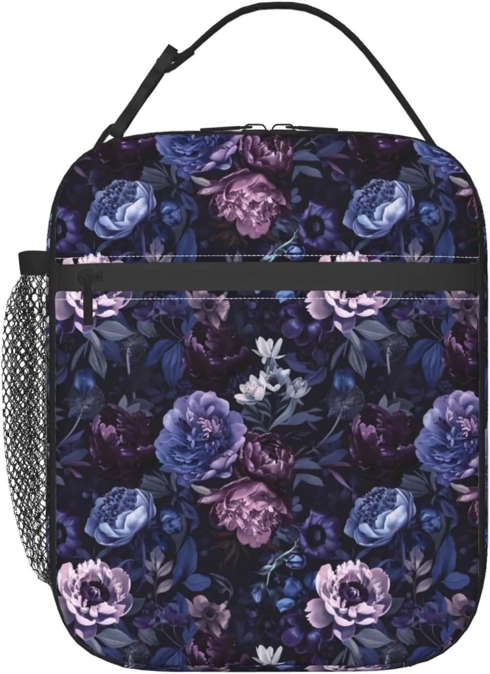 Reusable Floral Lunch Box for Kids Girls Boys Women Adult, Insulated Cute Flower Lunch Bag,Polyester Cooler Handbags Case for School Picnic Work Travel Beach or Hiking (Purple and Blue)