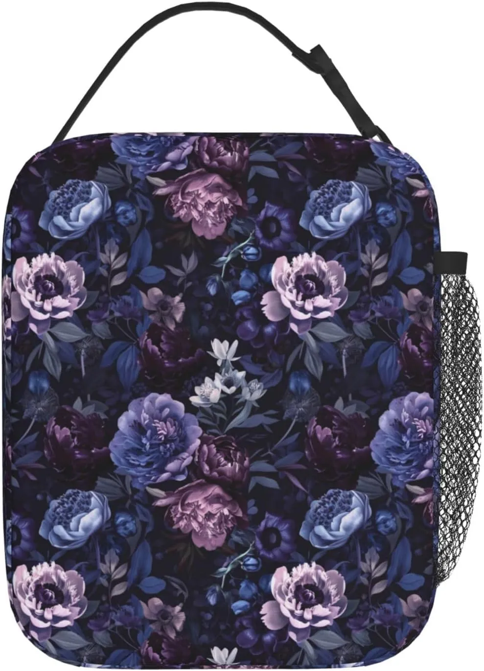 Reusable Floral Lunch Box for Kids Girls Boys Women Adult, Insulated Cute Flower Lunch Bag,Polyester Cooler Handbags Case for School Picnic Work Travel Beach or Hiking (Purple and Blue)