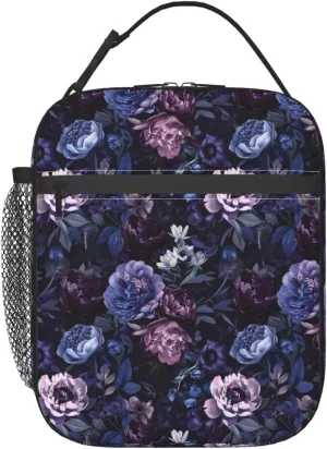 Reusable Floral Lunch Box for Kids Girls Boys Women Adult, Insulated Cute Flower Lunch Bag,Polyester Cooler Handbags Case for School Picnic Work Travel Beach or Hiking (Purple and Blue)