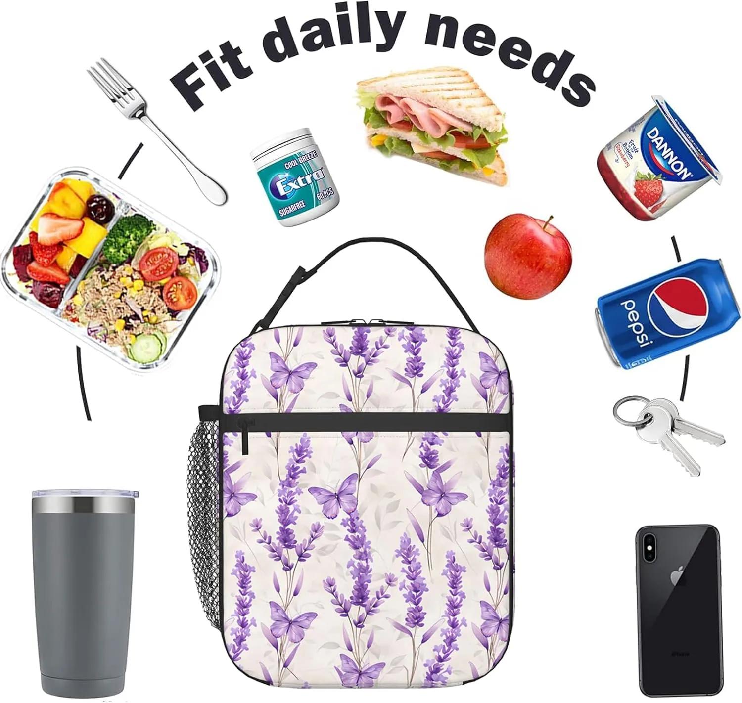 Reusable Floral Lunch Box for Kids Girls Boys Women Adult, Insulated Cute Flower Lunch Bag,Polyester Cooler Handbags Case for School Picnic Work Travel Beach or Hiking (Purple and Blue)