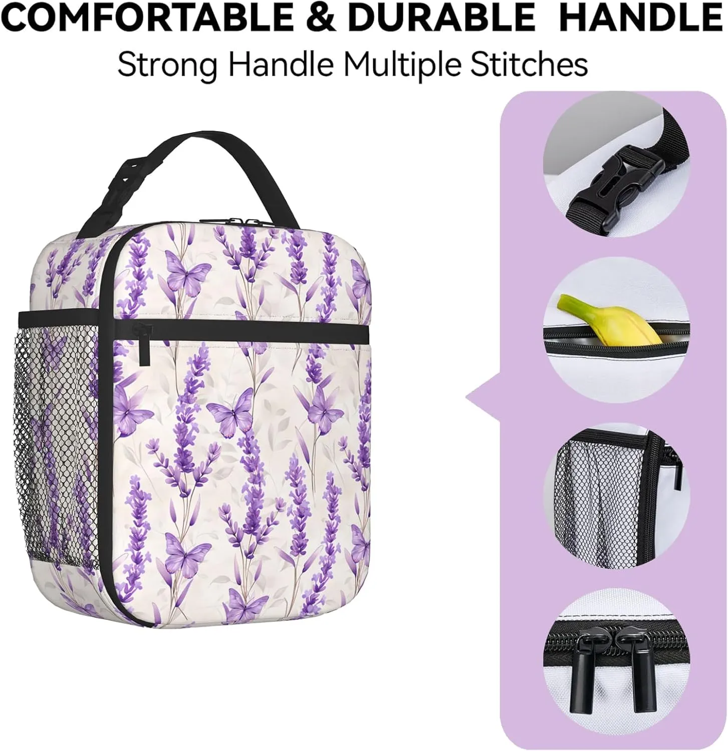 Reusable Floral Lunch Box for Kids Girls Boys Women Adult, Insulated Cute Flower Lunch Bag,Polyester Cooler Handbags Case for School Picnic Work Travel Beach or Hiking (Purple and Blue)