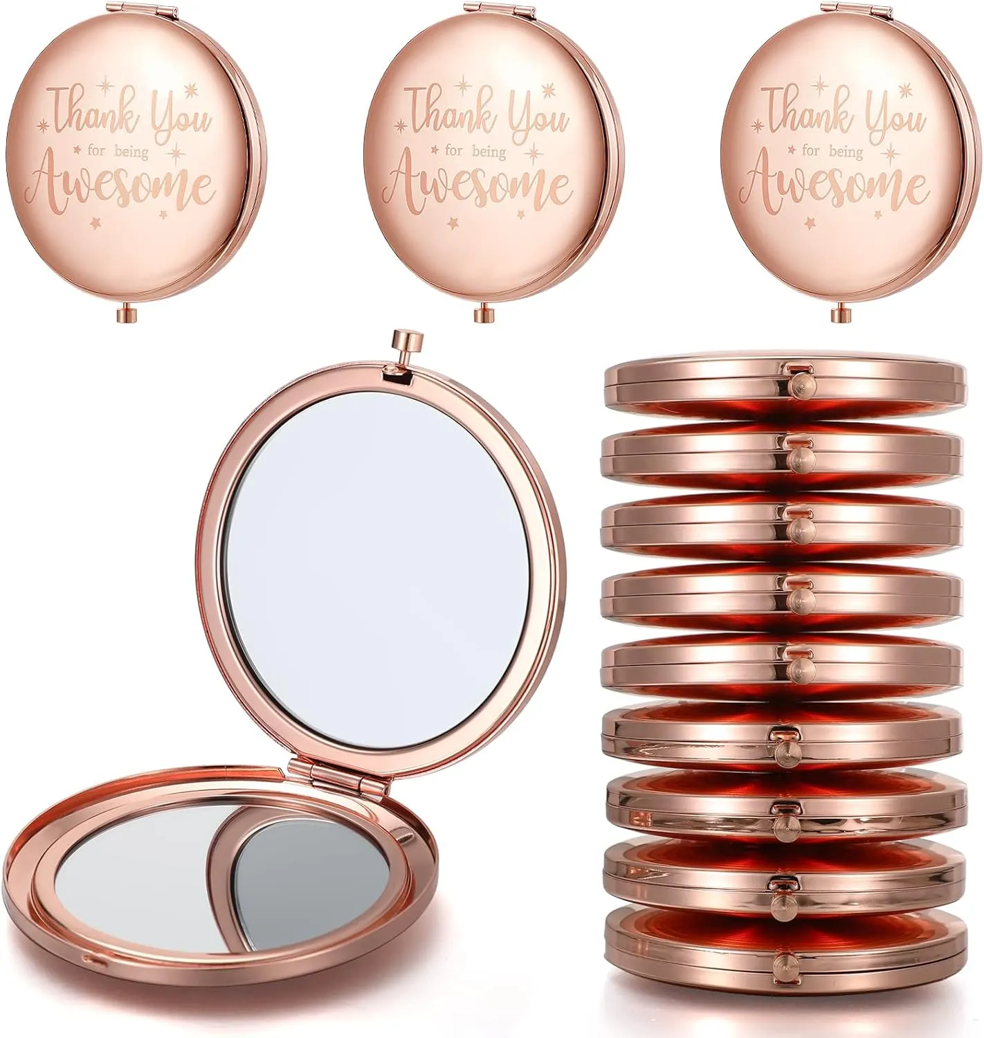 Roowest 12 Pcs Inspirational Compact Mirror Small Gifts for Mom Women Bulk Double Sided Travel Thank You for Being Awesome Makeup Magnifying Pocket Mirror for Purse(Rose Gold)