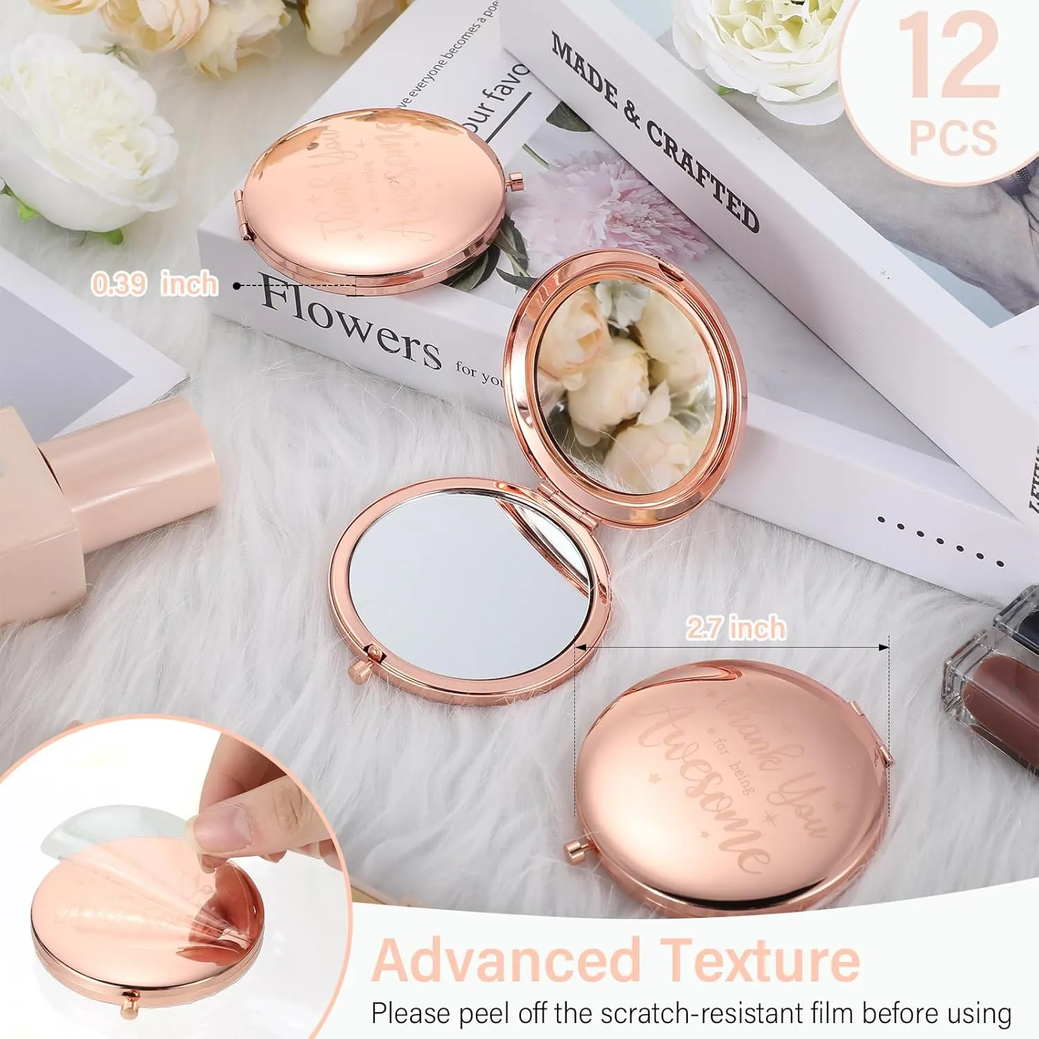 Roowest 12 Pcs Inspirational Compact Mirror Small Gifts for Mom Women Bulk Double Sided Travel Thank You for Being Awesome Makeup Magnifying Pocket Mirror for Purse(Rose Gold)