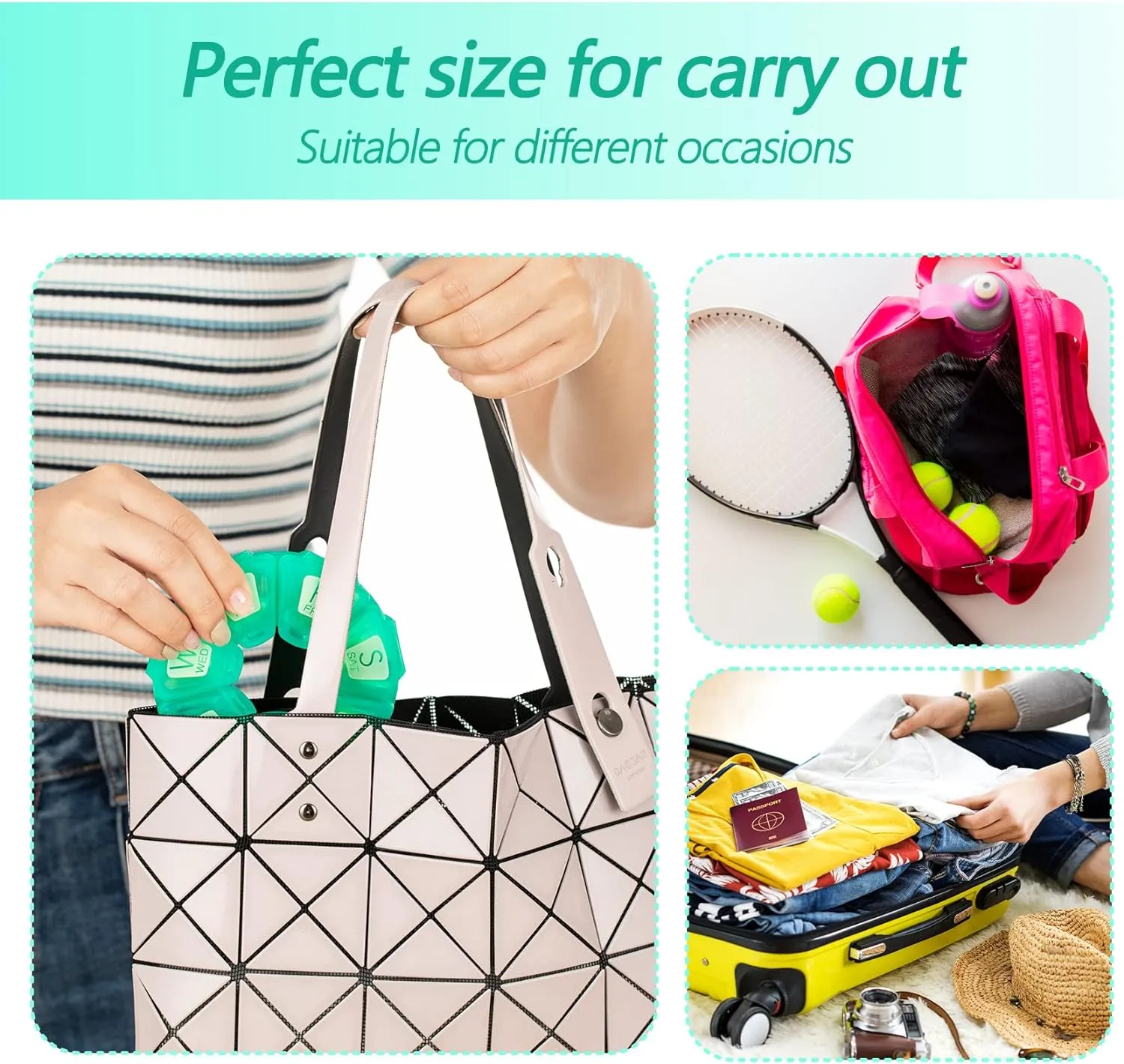 Round Weekly Pill Organizer, TPU Rubberized, Travel Pill Container 7 Day, with 7 Large Compartments, Cute Pill Case with Large Letters and Braille (2 pcs Green Rose)