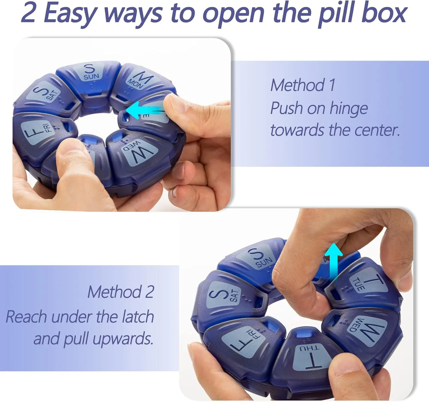Round Weekly Pill Organizer, TPU Rubberized, Travel Pill Container 7 Day, with 7 Large Compartments, Cute Pill Case with Large Letters and Braille (2 pcs Green Rose)