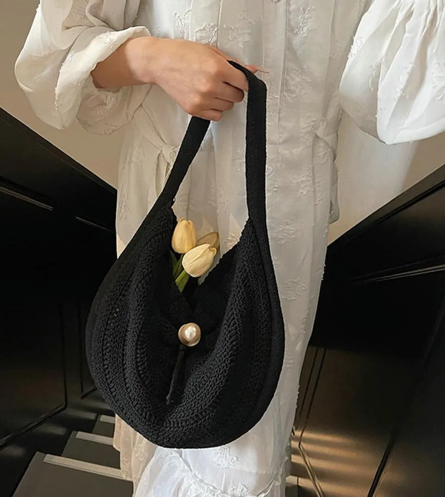 Rungion Large Shoulder Bag for Women Soft Knitted Tote Purse Crochet Top Handle Straw Woven Handbags Summer Beach Vacation
