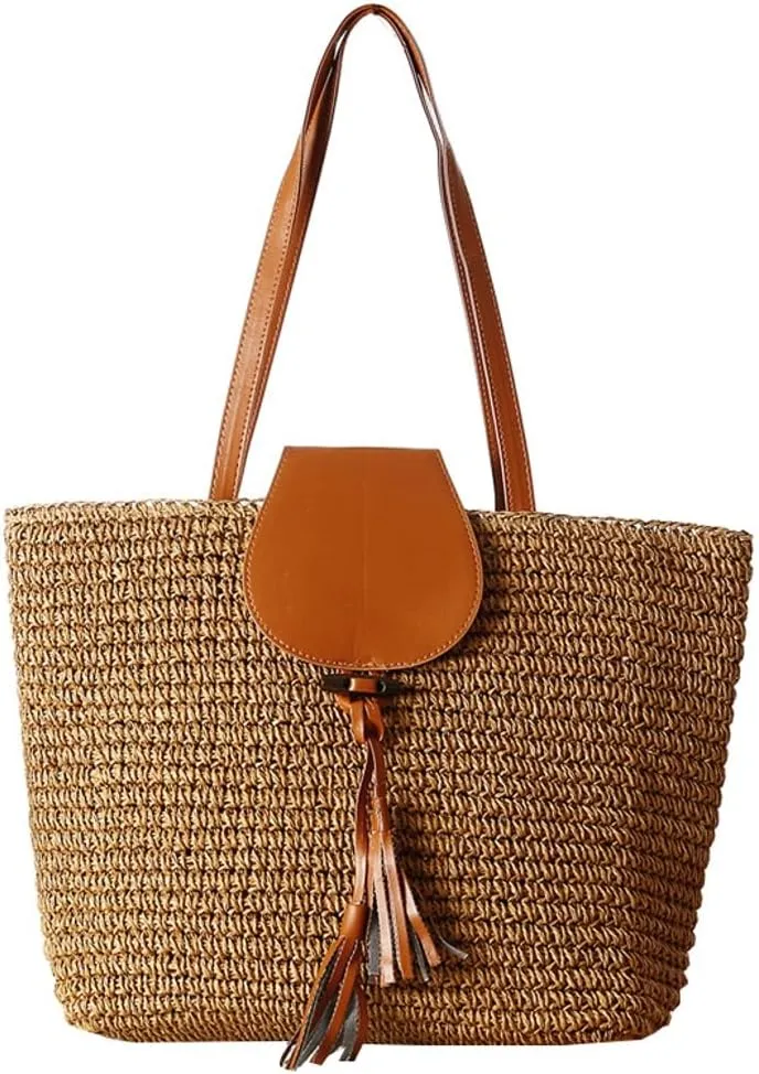 Rungion Summer Straw Shoulder Bags for Women Large Woven Tote Purse Casual Beach Vacation Top Handle Handbags with Tassel