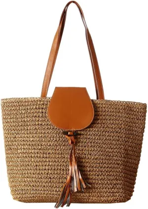 Rungion Summer Straw Shoulder Bags for Women Large Woven Tote Purse Casual Beach Vacation Top Handle Handbags with Tassel