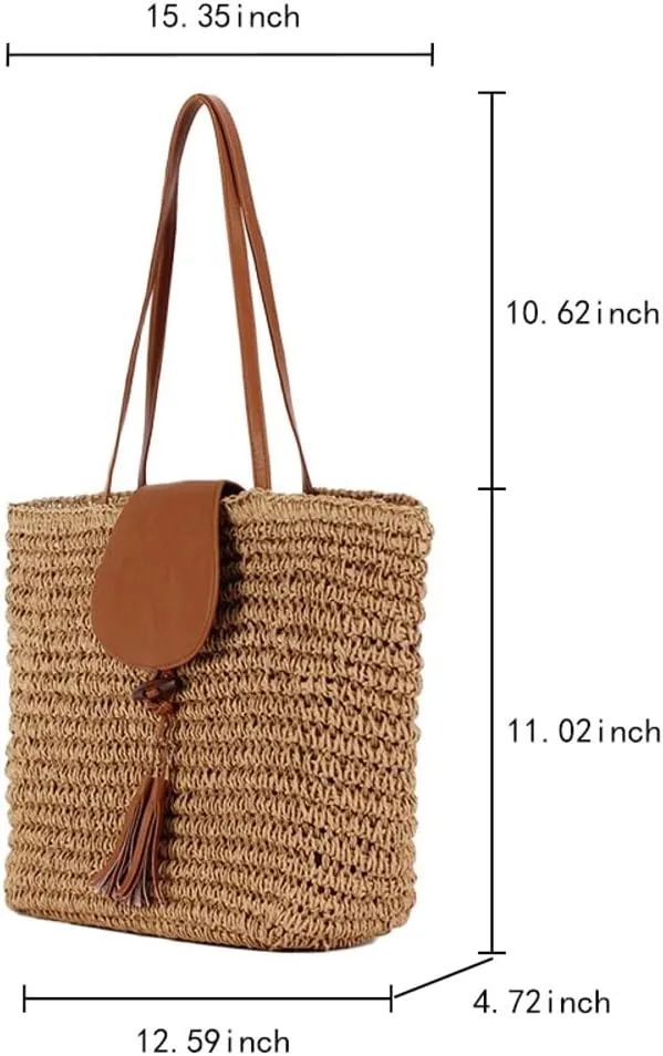 Rungion Summer Straw Shoulder Bags for Women Large Woven Tote Purse Casual Beach Vacation Top Handle Handbags with Tassel