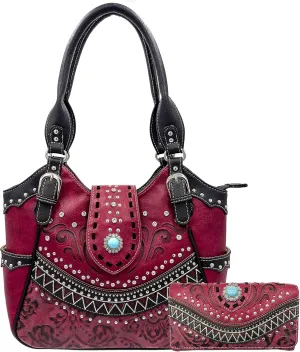 Rustic Western Floral Tooled Laser Cut Turquoise Concho Studded Tote Purse Bag Wallet Set