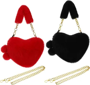 Saintrygo 2 Pcs Valentines Day Furry Purse Heart Shaped Purse Women Soft Fluffy Faux Fur Handbag Gift for Christmas(Red, Black)
