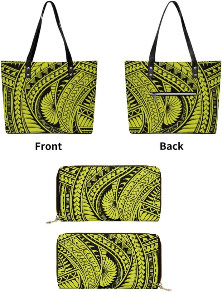 Samoa Tribal Floral Design Fashion Large Capacity Shoulder Bag 2 Piece Set Polynesian Women Leather Handbag And Purse