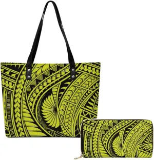 Samoa Tribal Floral Design Fashion Large Capacity Shoulder Bag 2 Piece Set Polynesian Women Leather Handbag And Purse