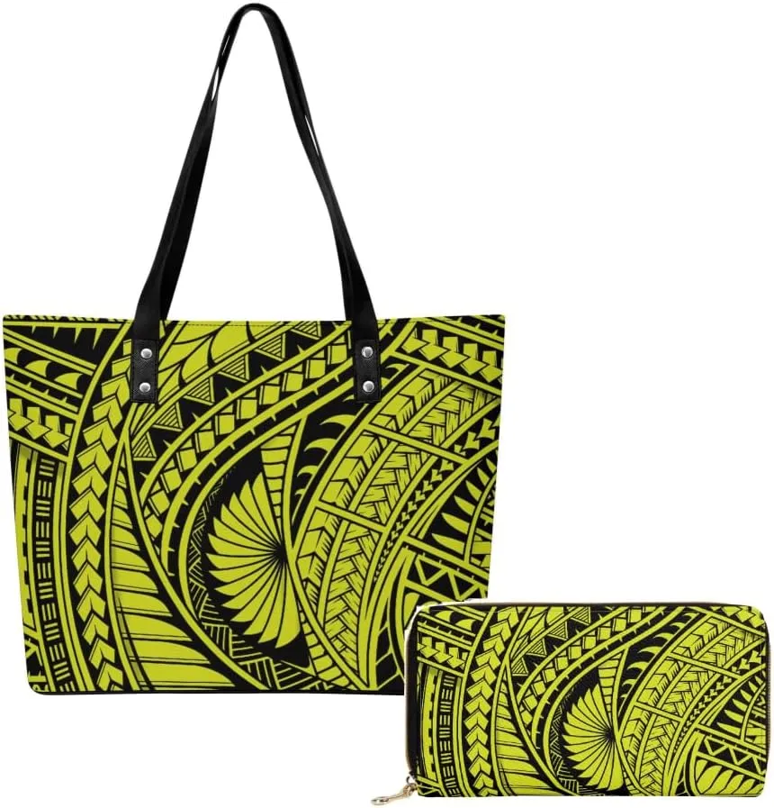 Samoa Tribal Floral Design Fashion Large Capacity Shoulder Bag 2 Piece Set Polynesian Women Leather Handbag And Purse