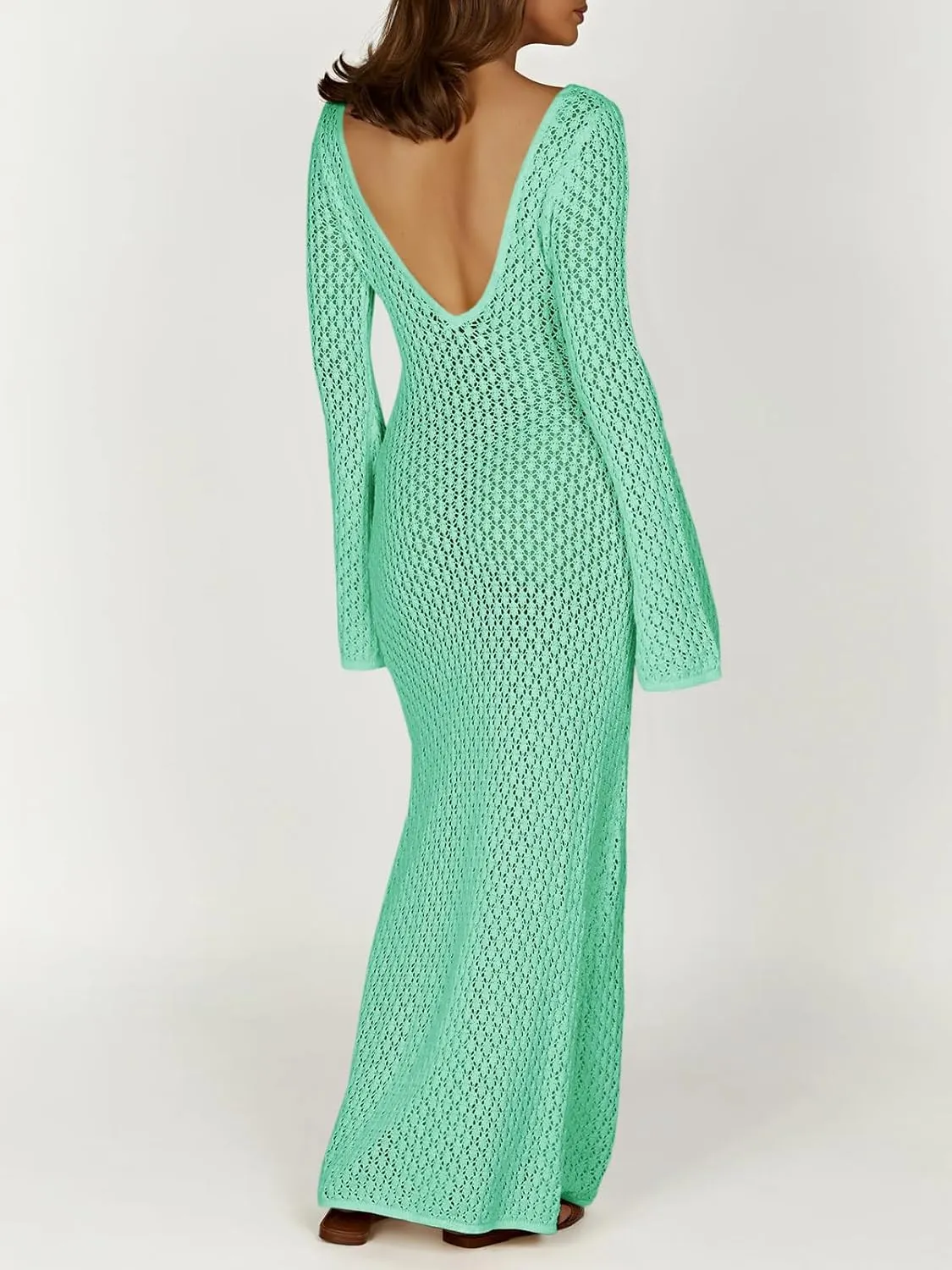 Saodimallsu Womens Crochet Maxi Cover Up Dress Beach Swim Vacation Coverups Long Sleeve Sexy Bodycon Summer Knit Dresses