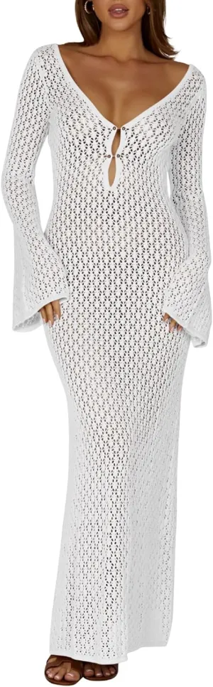 Saodimallsu Womens Crochet Maxi Cover Up Dress Beach Swim Vacation Coverups Long Sleeve Sexy Bodycon Summer Knit Dresses