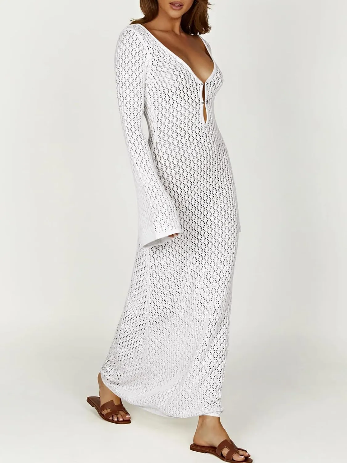 Saodimallsu Womens Crochet Maxi Cover Up Dress Beach Swim Vacation Coverups Long Sleeve Sexy Bodycon Summer Knit Dresses