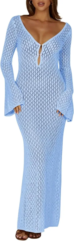 Saodimallsu Womens Crochet Maxi Cover Up Dress Beach Swim Vacation Coverups Long Sleeve Sexy Bodycon Summer Knit Dresses