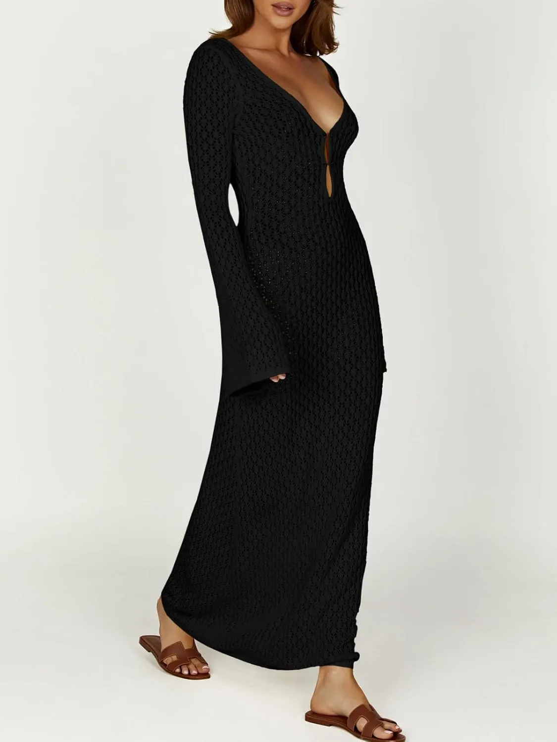 Saodimallsu Womens Crochet Maxi Cover Up Dress Beach Swim Vacation Coverups Long Sleeve Sexy Bodycon Summer Knit Dresses